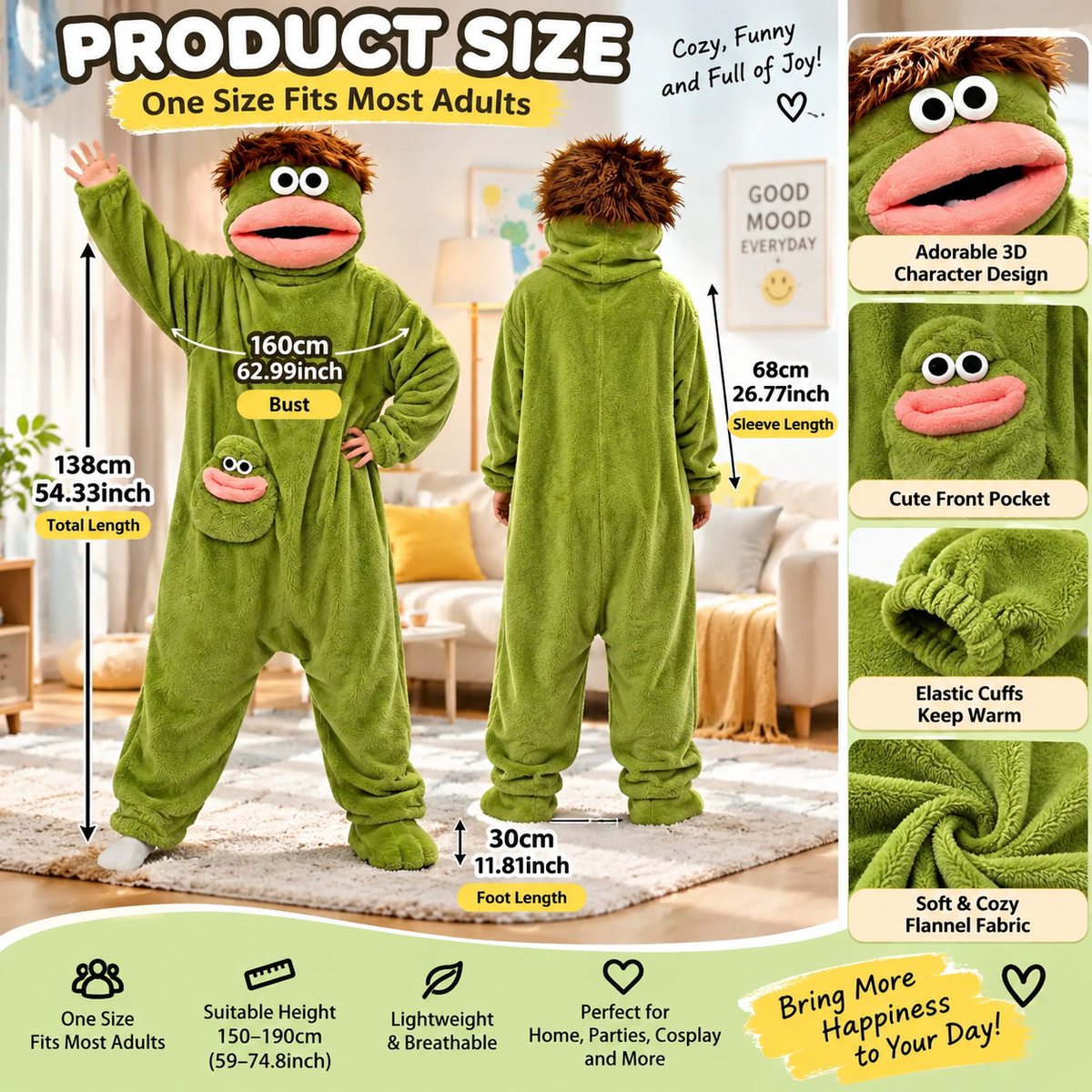 👾 Cozy Monster Plush Onesie – Funny Oversized Pajama Costume with 3D Character Hood