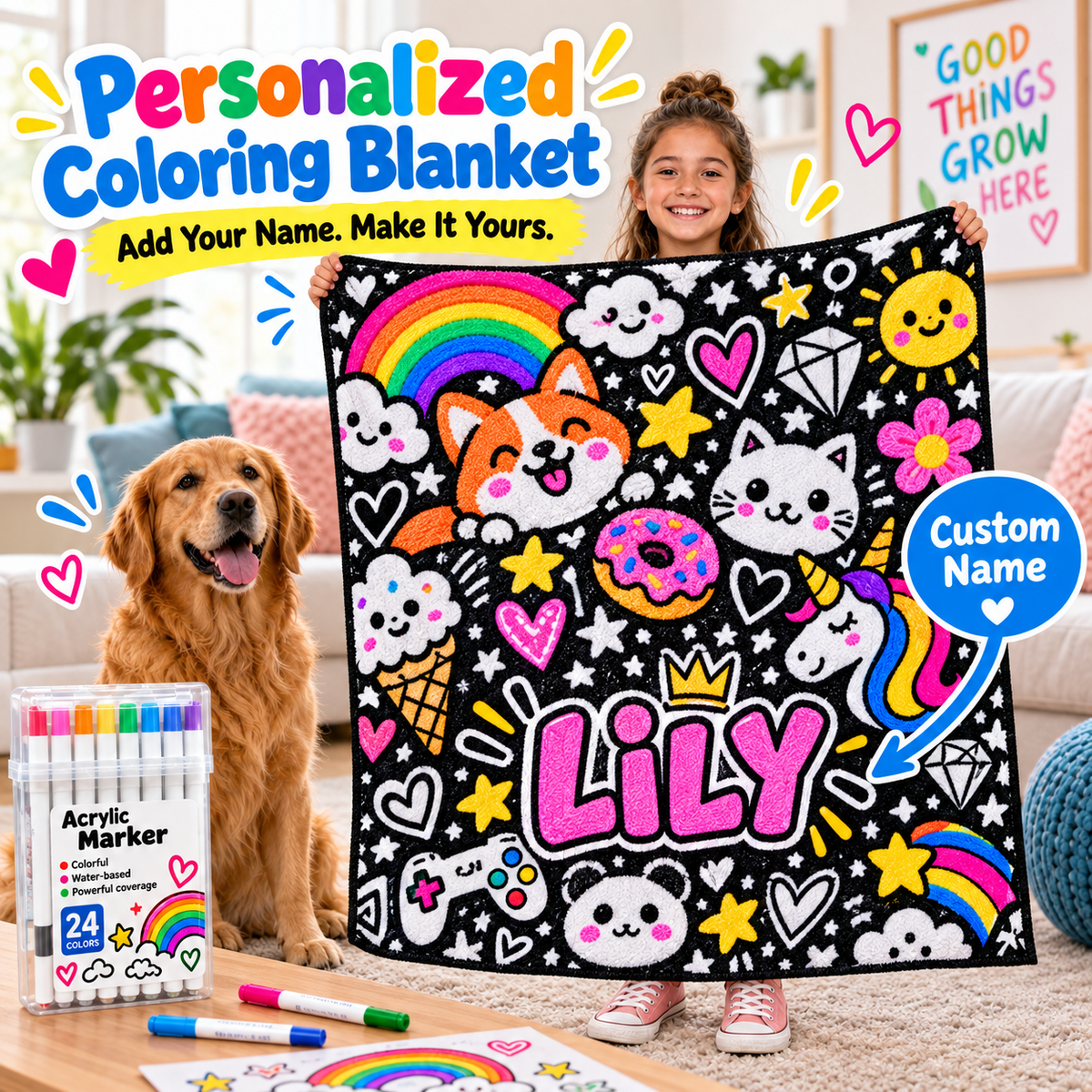 🎨 Giant Coloring Blanket – 150 × 125cm Washable Reusable Doodle Mat for Kids & Adults 24 Coloring Pens