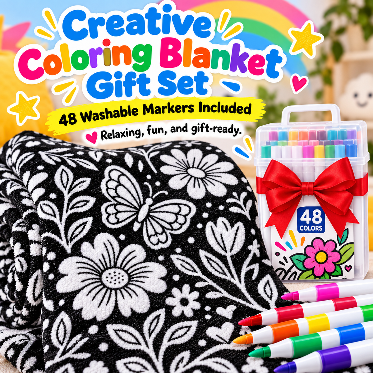 🎨 Giant Coloring Blanket – 150 × 125cm Washable Reusable Doodle Mat for Kids & Adults 24 Coloring Pens
