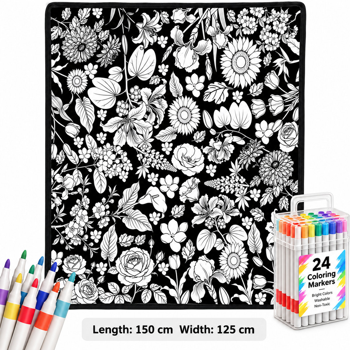🎨 Giant Coloring Blanket – 150 × 125cm Washable Reusable Doodle Mat for Kids & Adults 24 Coloring Pens