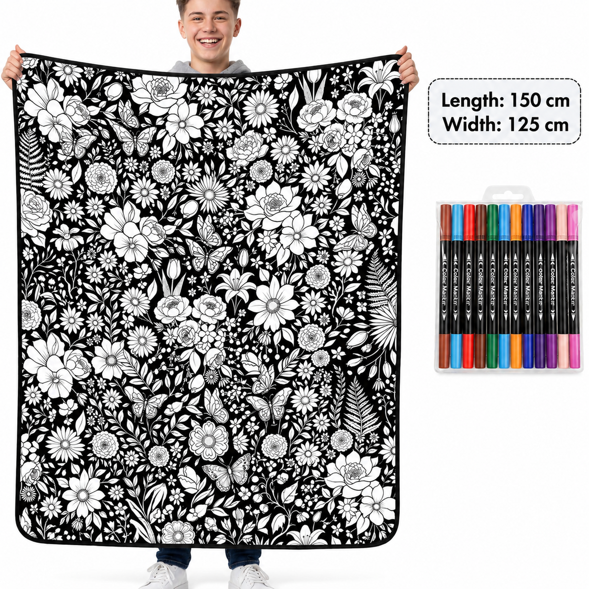 🎨 Giant Coloring Blanket – 150 × 125cm Washable Reusable Doodle Mat for Kids & Adults 24 Coloring Pens