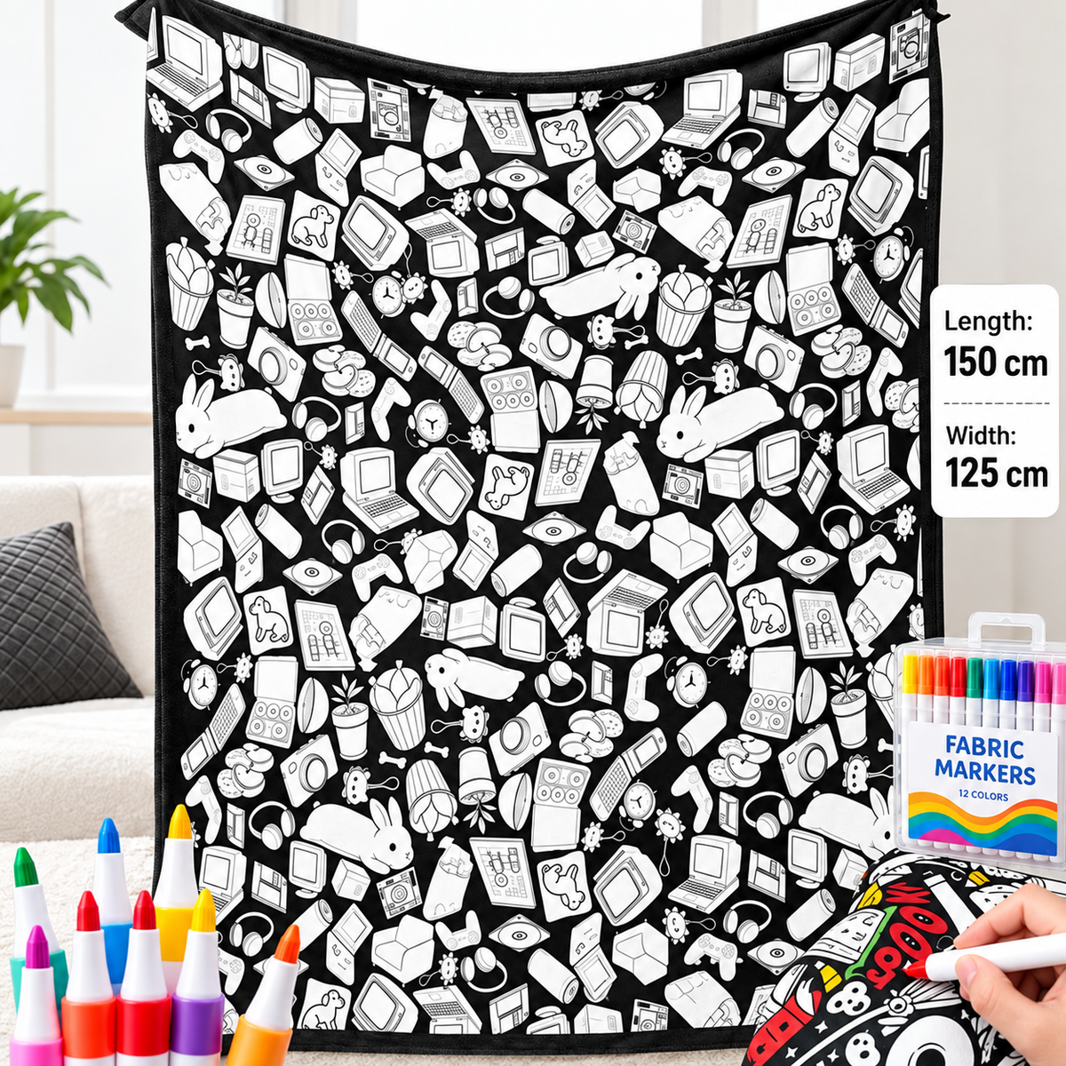 🎨 Giant Coloring Blanket – 150 × 125cm Washable Reusable Doodle Mat for Kids & Adults 24 Coloring Pens
