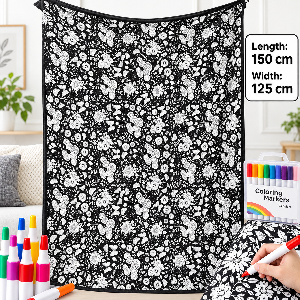 🎨 Giant Coloring Blanket – 150 × 125cm Washable Reusable Doodle Mat for Kids & Adults 24 Coloring Pens