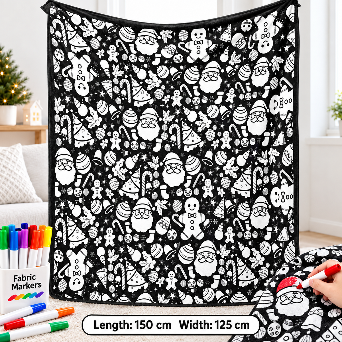 🎨 Giant Coloring Blanket – 150 × 125cm Washable Reusable Doodle Mat for Kids & Adults 24 Coloring Pens